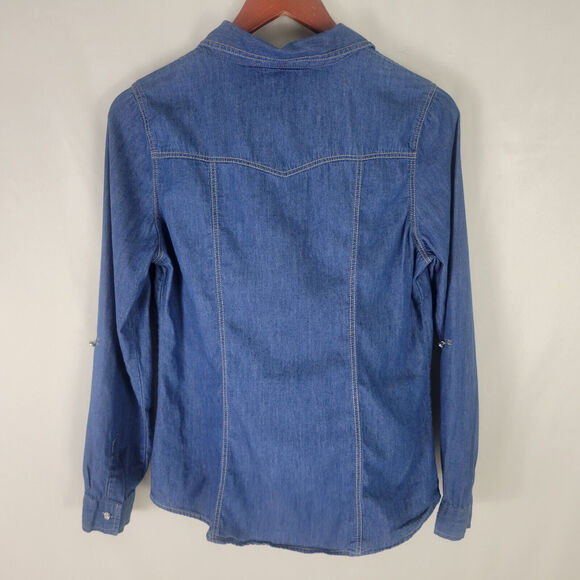 Cotton Express Shirt Womens Large Petite Blue Top Chambray Roll Tab‎ Button Up - Picture 2 of 15